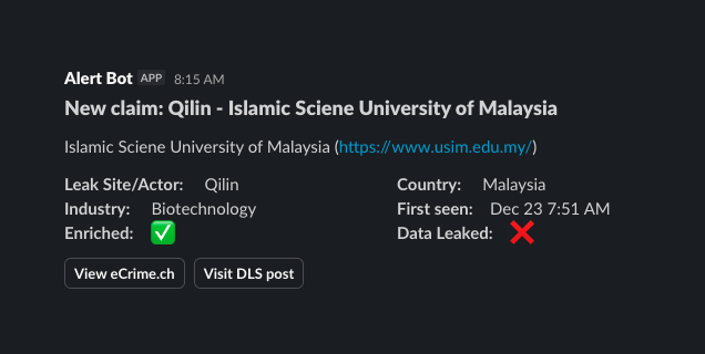 Slack alert screenshot (custom integration)