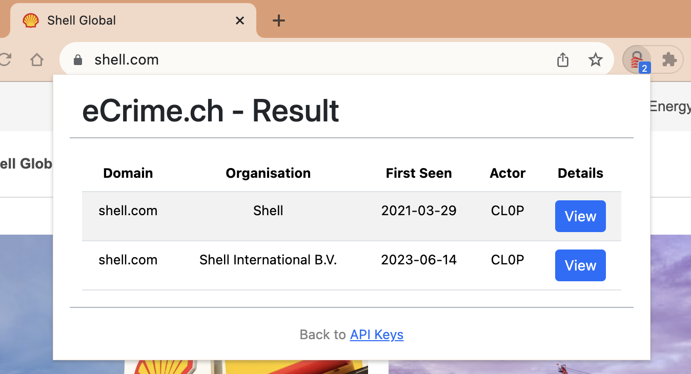 Extension lookup result